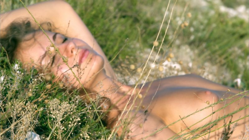 Голая девушка лежит на траве